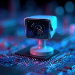 Close-up of a security camera on a circuit board, bathed in vibrant blue and pink neon light