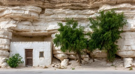 A simple whitewashed dwelling nestled beneath a dramatic, layered rock face, with verdant bushes providing a touch of life in the desert landscape.