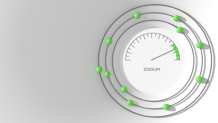 Sodium level abstract scale. Food value measuring. Nuclear science concept. Atom structure with electron orbits and electrons. 3D render.