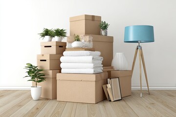 Cardboard boxes, plants, towels, and a lamp in a minimalist room