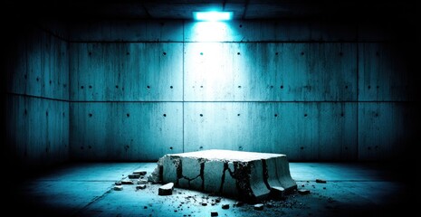 Empty concrete room with shattered pedestal