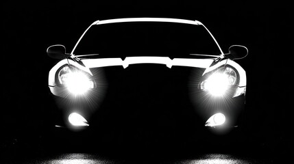 Low-angle, striking close-up of a car with blazing headlights in a dark setting, emphasizing form and light contrasts