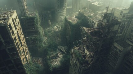Overgrown Ruins: A Post-Apocalyptic Cityscape in Somber Hues