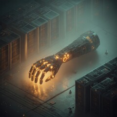A colossal metallic arm, glowing with an inner light, extends over a city of server racks