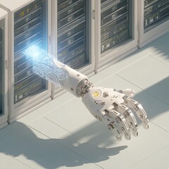 Robotic arm accessing server rack.  A metallic robot arm reaches into a server rack, light emanating from the interface
