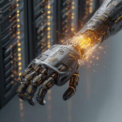 Close-up robotic arm, glowing inner workings, amidst server racks