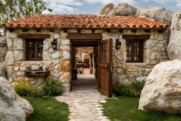A rustic stone cottage with terracotta roof and wooden accents opens onto a courtyard, evoking a peaceful and charming ambiance.