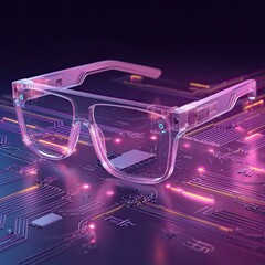 Futuristic glasses on a circuit board, glowing with neon light