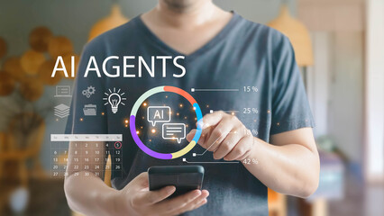 A man uses his smartphone to interact with an AI agents interface.He analyzes data charts and a calendar,demonstrating modern technology for business automation and management in a home office setting