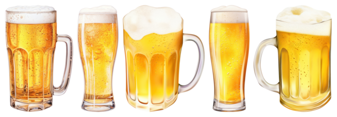 PNG Variety of frothy beer mugs, element set on transparent background