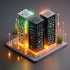 Two server racks illuminated by glowing energy, sitting on a platform, with small plants and glowing lines