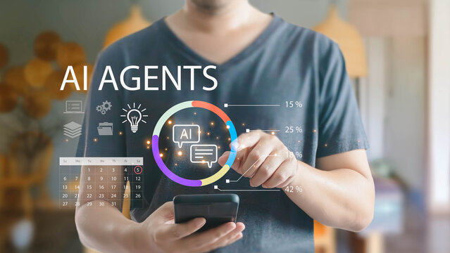 A man uses his smartphone to interact with an AI agents interface.He analyzes data charts and a calendar,demonstrating modern technology for business automation and management in a home office setting