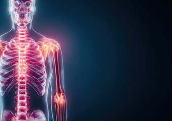 3D medical illustration of a human skeleton with highlighted shoulder and spine pain