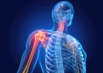 3D medical illustration of a painful shoulder joint.  Skeletal structure visible with highlighted, painful area