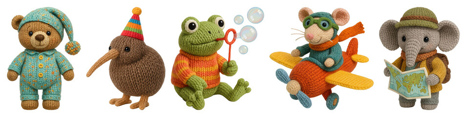 PNG Colorful knitted animal toys, element set on transparent background