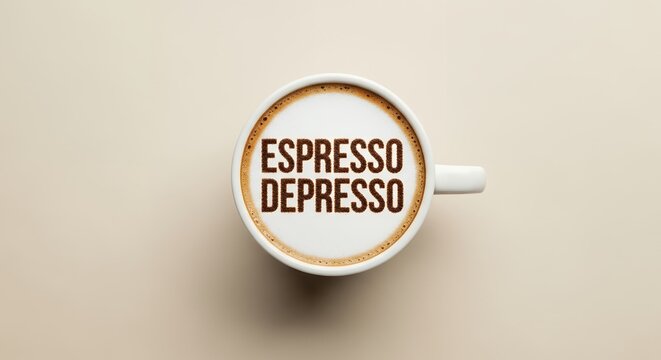 Top view of white coffee cup with frothy text 'Espresso Depresso' on beige background, concept for mood expression, social media post and drink advertising campaign