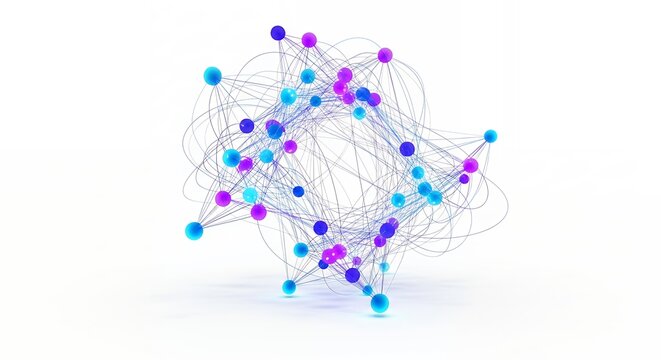 Abstract network of interconnected blue and purple spheres on white background, concept for data visualization, scientific research and technology innovation