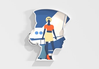 Portrait of flight attendant. Face side view icon. Elegant silhouettes of a female head. Avatar profile sign. Airplane and woman traveler standing with baggage. 3D render