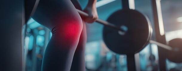 Close-up of a person's painful knee while lifting weights in a gym