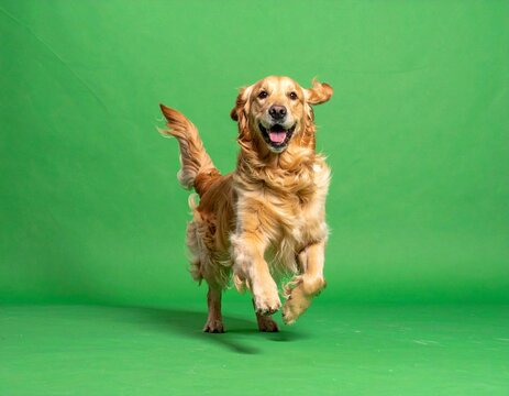 A happy golden retriever dog runs joyfully towards the camera against a vibrant green studio background.