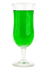 Top View of Green Drink in Wine Champagne and Water Glasses on White Background