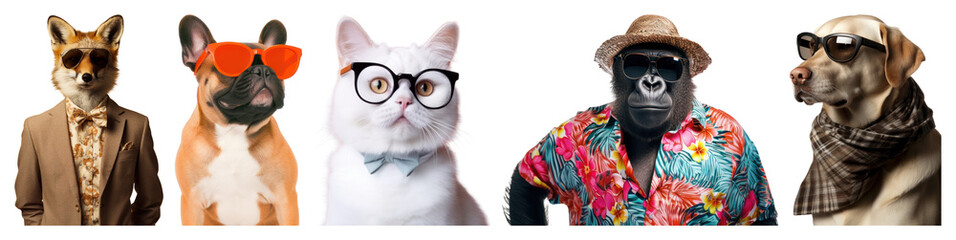 PNG Stylish animals wearing trendy accessories, element set on transparent background