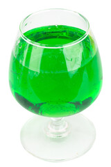 Top View of Green Drink in Wine Champagne and Water Glasses on White Background