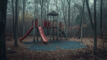 Desolate Playground: A Moody Autumnal Scene of a Red Play Structure in a Foggy Forest