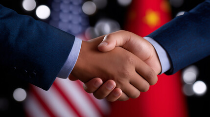 Handshake between businessmen with USA and China flags in background.