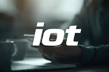 Close-up of hands holding a phone, displaying the word "iot" in large, bold, white letters, against a blurred background of a laptop and coffee cups