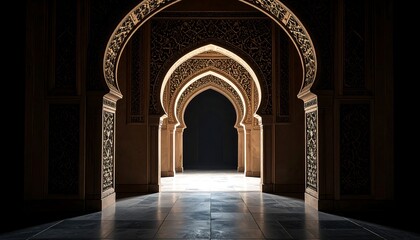 Fototapeta premium Elegant Islamic Architecture with Arches and Decorative Carvings with Dramatic Light.