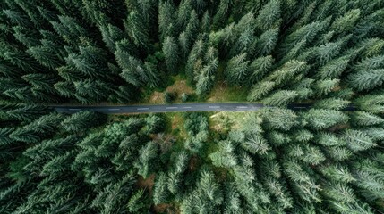 A narrow road snakes through a dense evergreen forest, seen from directly above, creating an isolated and natural scene
