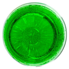 Top View of Green Drink in Glass on White Background