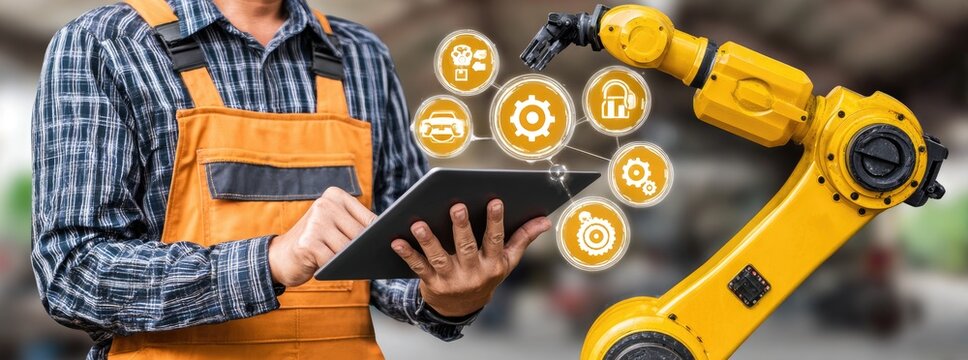 A worker in an orange jumpsuit interacts with a yellow robotic arm, using a tablet.  Abstract icons representing mechanics and technology float around them