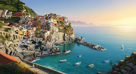 Naklejka premium Colorful Coastal Village on Cliffs with Boats in Bright Sunlight