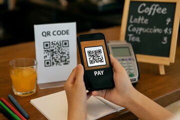 Customer Making A Contactless Payment By Scanning A QR Code With A Smartphone At A Coffee Shop Counter, mobile payment, digital wallet, qr code technology