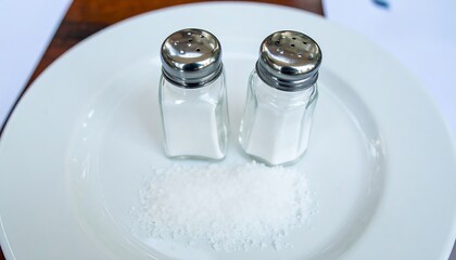 Salt Shakers on a White Plate with Scattered Granules of Seasoning