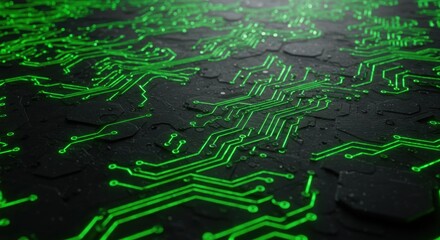 Circuit board texture, glowing green traces, dark background, detailed, tech, digital