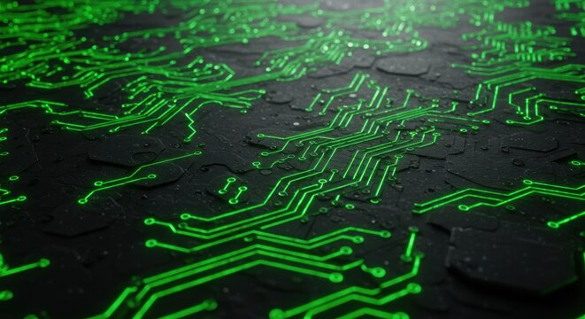 Circuit board texture, glowing green traces, dark background, detailed, tech, digital