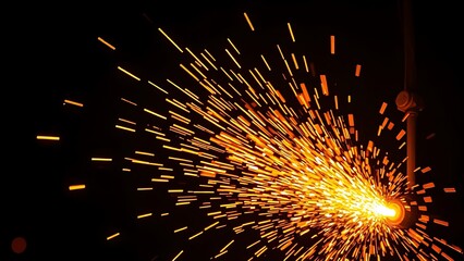 Bright orange sparks fly dynamically against a dark backdrop, evoking industrial metalwork energy.