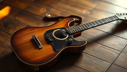 Fototapeta premium A vintage guitar resting on a wooden floor, highlighted by warm lighting from the side.