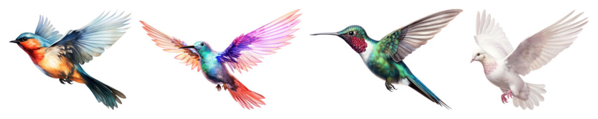 PNG Colorful birds in flight, element set on transparent background