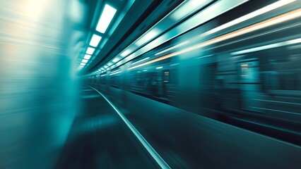 Fototapeta premium An abstract urban transit scene with dynamic motion blur and cool metallic tones.