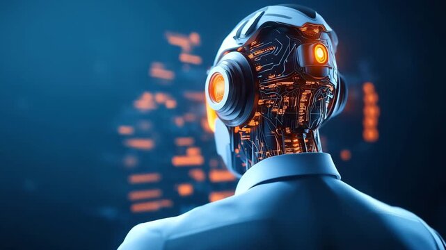 Futuristic robot with illuminated circuit neck, artificial intelligence, advanced technology, digital cityscape innovation, glowing orange visor