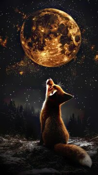 Little fox gazing at a huge beautiful moon among shining stars at night, conveying a dreamy, cozy and magical mood.