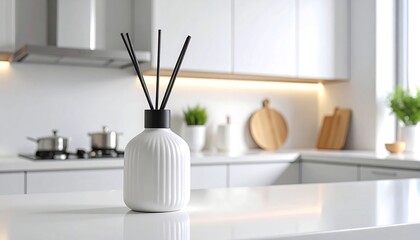 Elegant white reed diffuser on kitchen counter Home fragrance in modern interior.