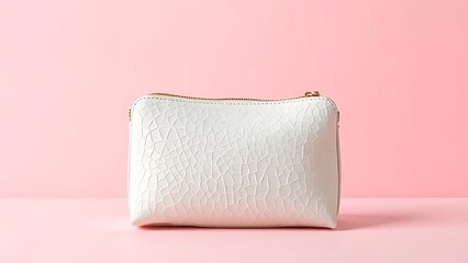 Obraz premium Elegant cosmetic bag on soft pink background, highlighting texture and design.