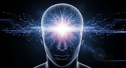 Abstract human head with glowing circuitry and binary data streams on dark background. Concept for artificial intelligence, machine learning and digital transformation