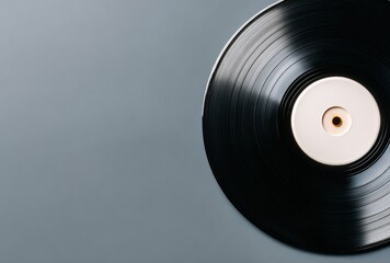 Obraz premium Vinyl record close-up with blank label. Black grooves contrast with the grey background. Top right composition