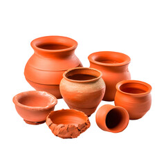 Rustic collection of handmade clay pottery vessels against a black background